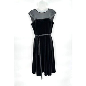 London Times Black Velour Sheer Mesh Formal Midi Dress Size 10 Whimsygoth HOCO